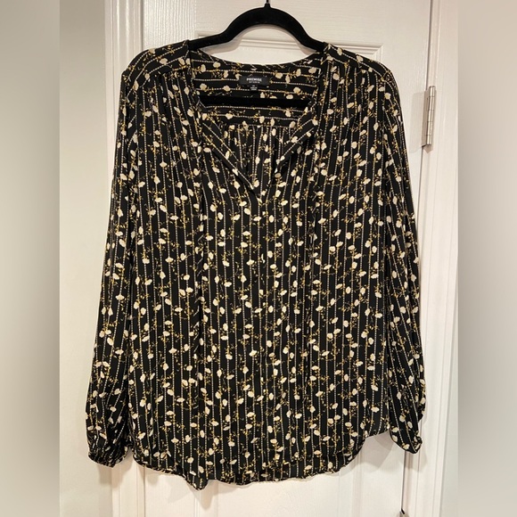Premise Studio Black Yellow Floral Striped V Neck Tie Long Sleeve Blouse Size M - Picture 1 of 11